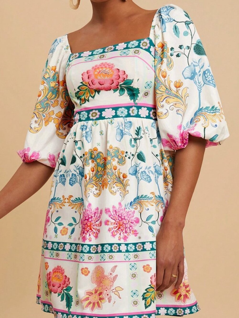 Multicolor Boho Women's Woven Print Short Sleeve V-Neck Mini Dress Festival - Picture 6 of 7